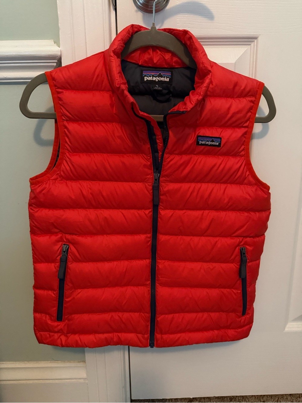 Patagonia Red Sleeveless Down Vest with Navy Trim